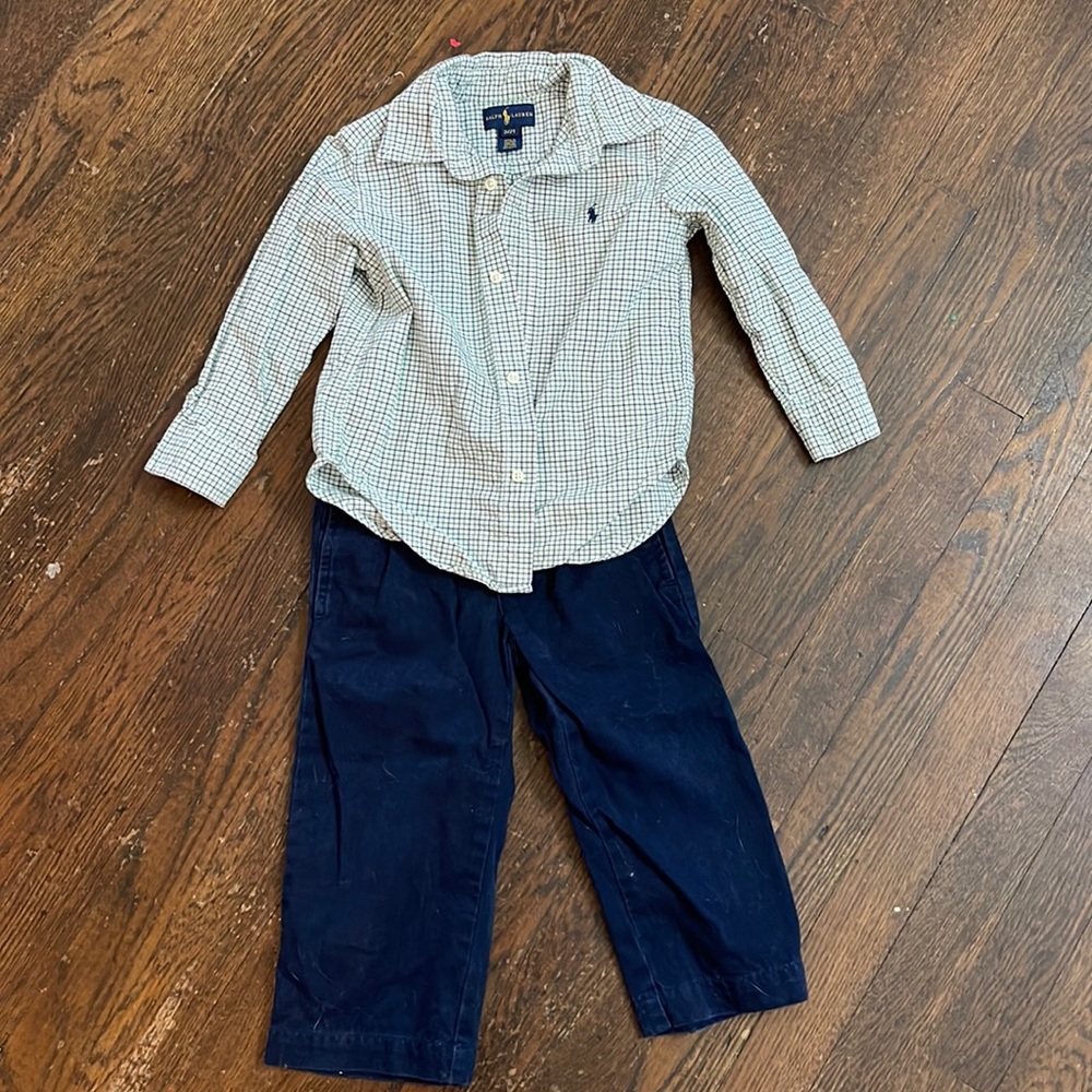 Size 2T Ralph Lauren chinos and button down gently worn and in great condition!